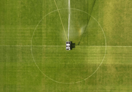 birds eye view of an irrigation pump on a football pitch